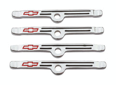 PROFORM 141-903 Engine Valve Cover Holdown Clamps; Chrome with Red Bowtie Logo; SB Chevy; 4 Pcs