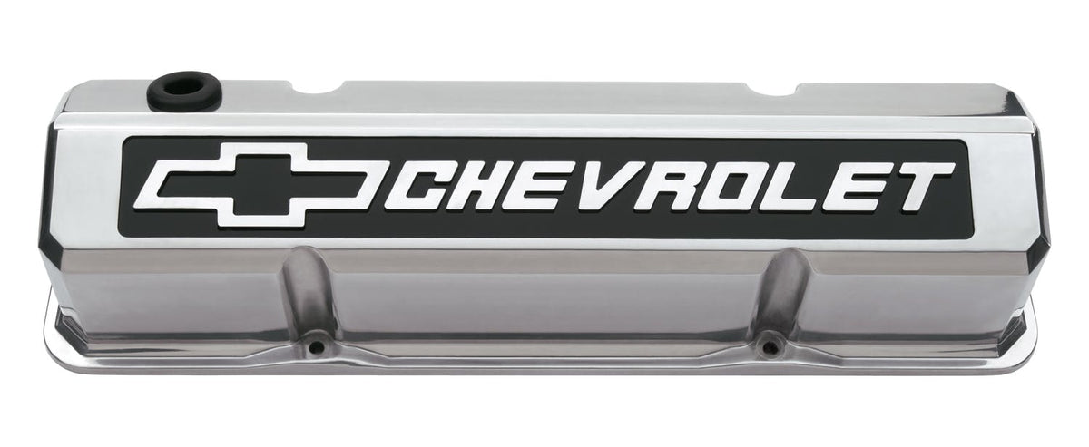 PROFORM 141-920 Valve Covers; Slant-Edge Tall; Die Cast; Polished w/Raised Bowtie Logo; SB Chevy