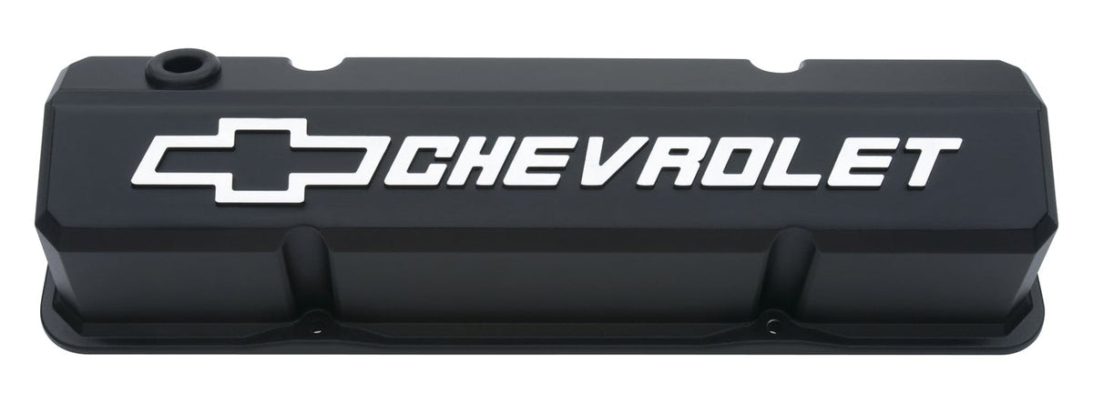 PROFORM 141-921 Valve Covers; Slant-Edge Tall; Die Cast; Black w/ Raised Bowtie Logo; SB Chevy