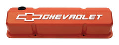 PROFORM 141-924 Valve Covers; Slant-Edge Tall; Die Cast; Orange w/ Raised Bowtie Logo; SB Chevy