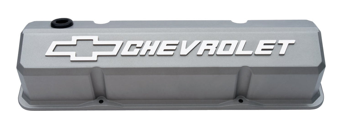 PROFORM 141-925 Valve Covers; Slant-Edge Tall; Die Cast; Gray w/Raised Bowtie Logo; For SB Chevy