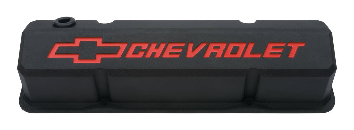 PROFORM 141-928 Valve Covers; Slant-Edge Tall; Die Cast; Black w/Recessed Bowtie Logo; SB Chevy