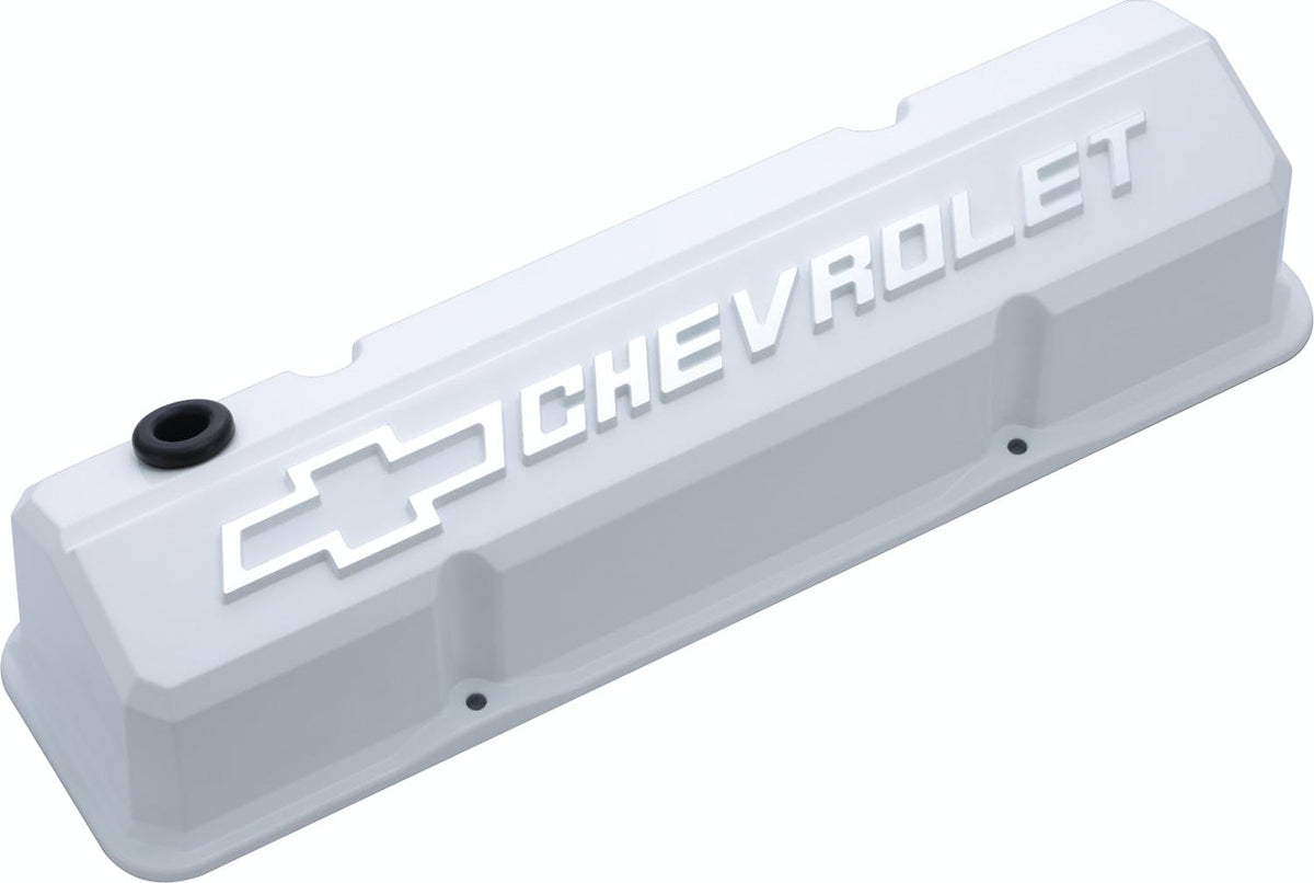 PROFORM 141-935 Valve Covers; Slant-Edge Tall; Die Cast; White w/ Raised Bowtie Logo; SB Chevy