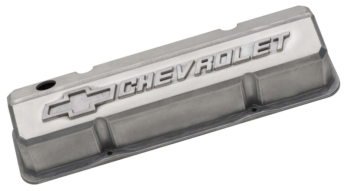 PROFORM 141-939 Valve Covers; Slant-Edge Tall; Alum; Unpolished w/ Raised Bowtie Logo; SB Chevy