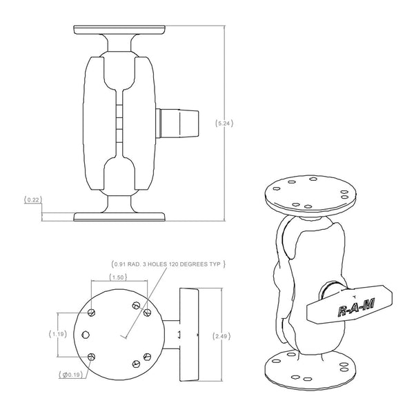 RAM Double Ball Mount with Two Round Plates - Short Arm - C Size