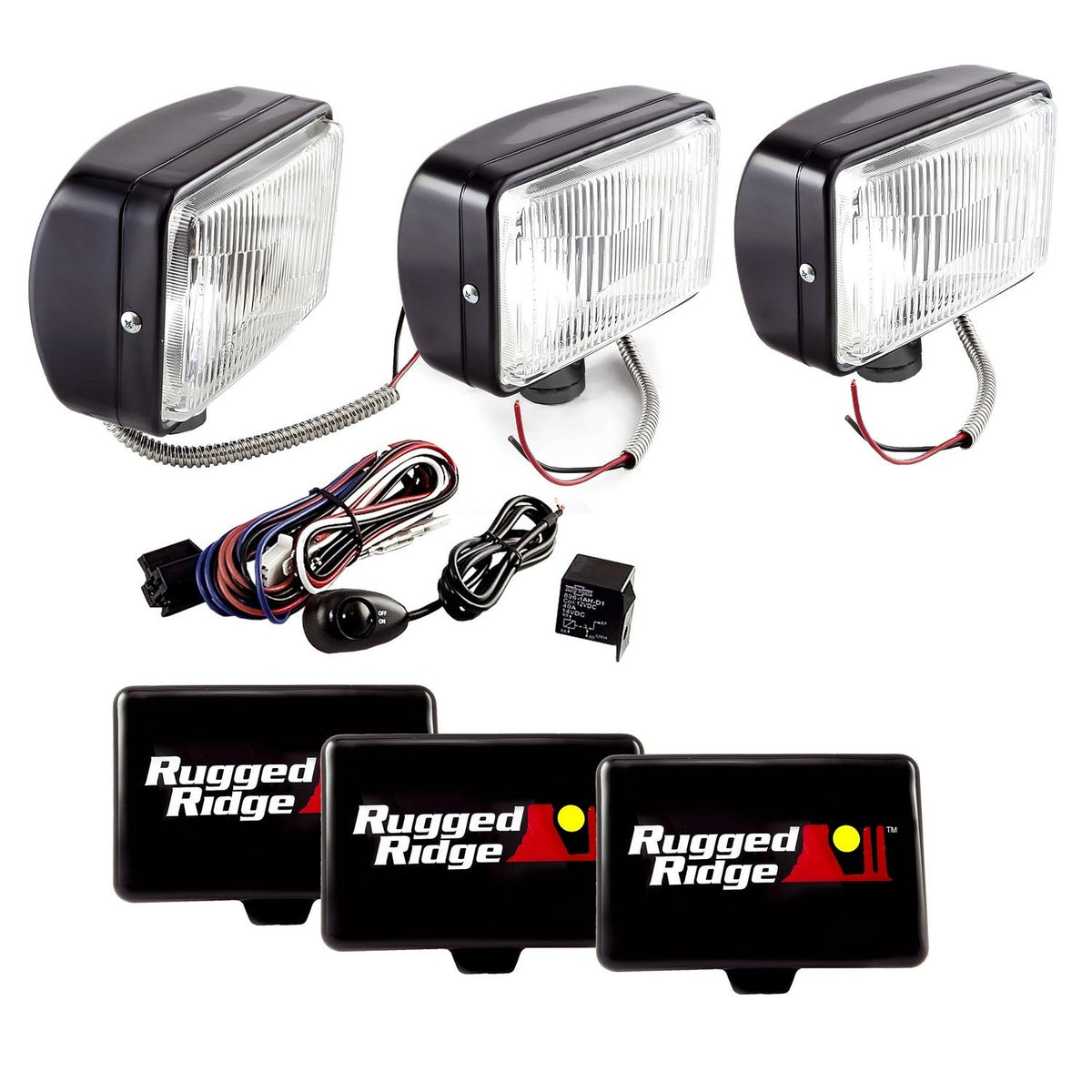 Rugged Ridge 15207.65 5 Inch x 7 Inch Halogen Fog Light Kit; Black Steel Housings; Set of 3