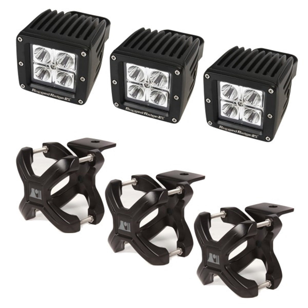 Rugged Ridge 15210.03 X-Clamp and Square LED Light Kit; Large; Black; 3 Pieces