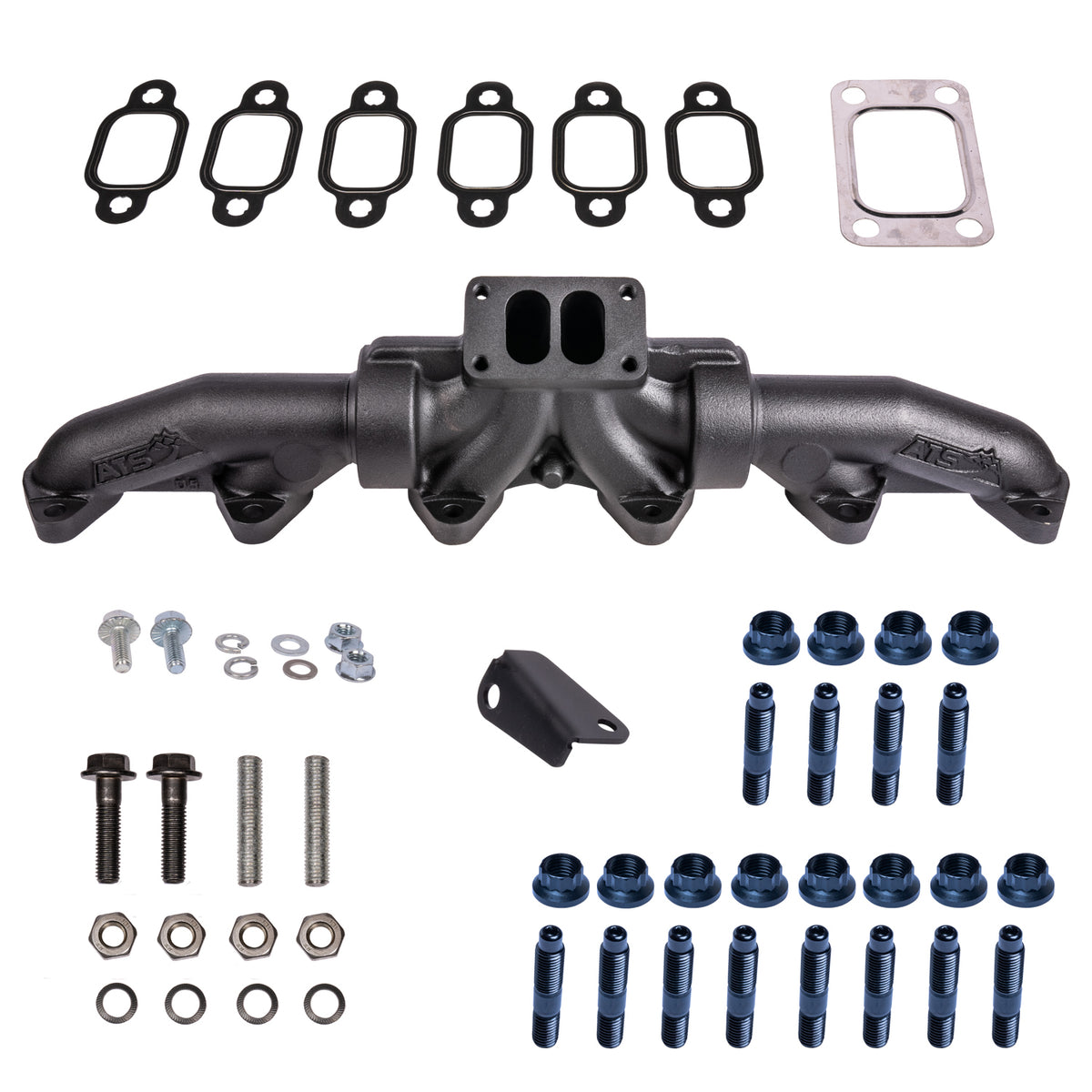 Pulse Flow Exhaust Manifold Kit Fits 1994-Early 1998 5.9L Cummins 3-Pc T3 With Gaskets Premium Hardware ATS 204-950-2164