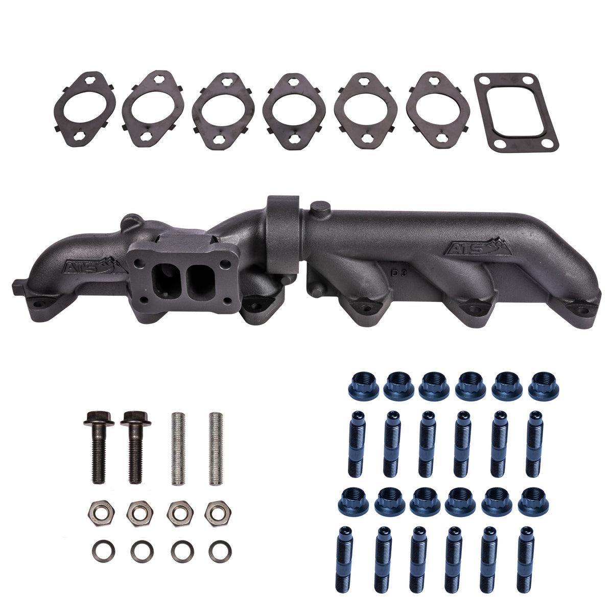 Pulse Flow Exhaust Manifold Kit Fits 2003-2007 5.9L Cummins 2-Pc T4 With Gaskets Premium Hardware ATS 204-951-2272