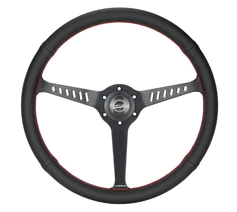 NRG Innovations CLASSIC 380MM STEALTH PERFORATED LEATHER STEERING WHEEL RED STITCHING