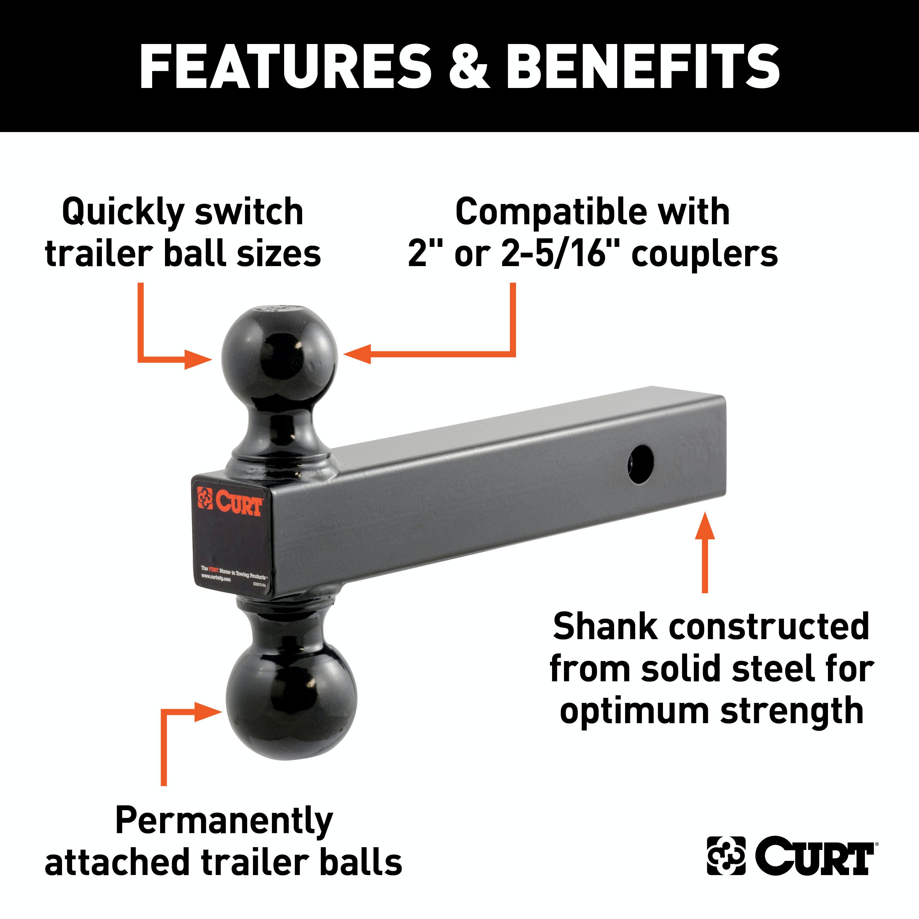 CURT 45660 Multi-Ball Mount (2 Solid Shank, 2 and 2-5/16 Black Balls)