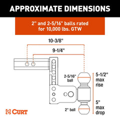 CURT StowPro Adjustable USA-Made Ball Mount, 5" Drop, 2" Shank, Dual Ball 45961