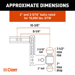 CURT StowPro Adjustable USA-Made Ball Mount, 7" Drop, 2" Shank, Dual Ball 45962
