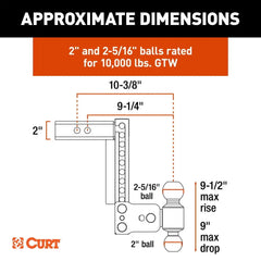 CURT StowPro Adjustable USA-Made Ball Mount, 9" Drop, 2" Shank, Dual Ball 45963