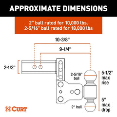 CURT StowPro Adjustable USA-Made Ball Mount, 5" Drop, 2-1/2" Shank, Dual Ball 45971