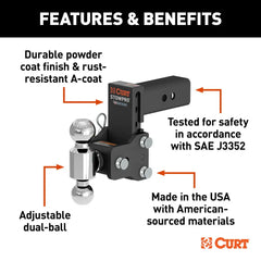 CURT StowPro Adjustable USA-Made Ball Mount, 5" Drop, 2-1/2" Shank, Dual Ball 45971