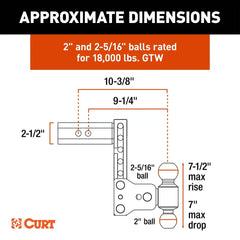 CURT StowPro Adjustable USA-Made Ball Mount, 7" Drop, 2-1/2" Shank, Dual Ball 45972