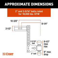 CURT StowPro USA-Made Ball Mount, 9" Drop, 2-1/2" Shank, Dual Ball 45973