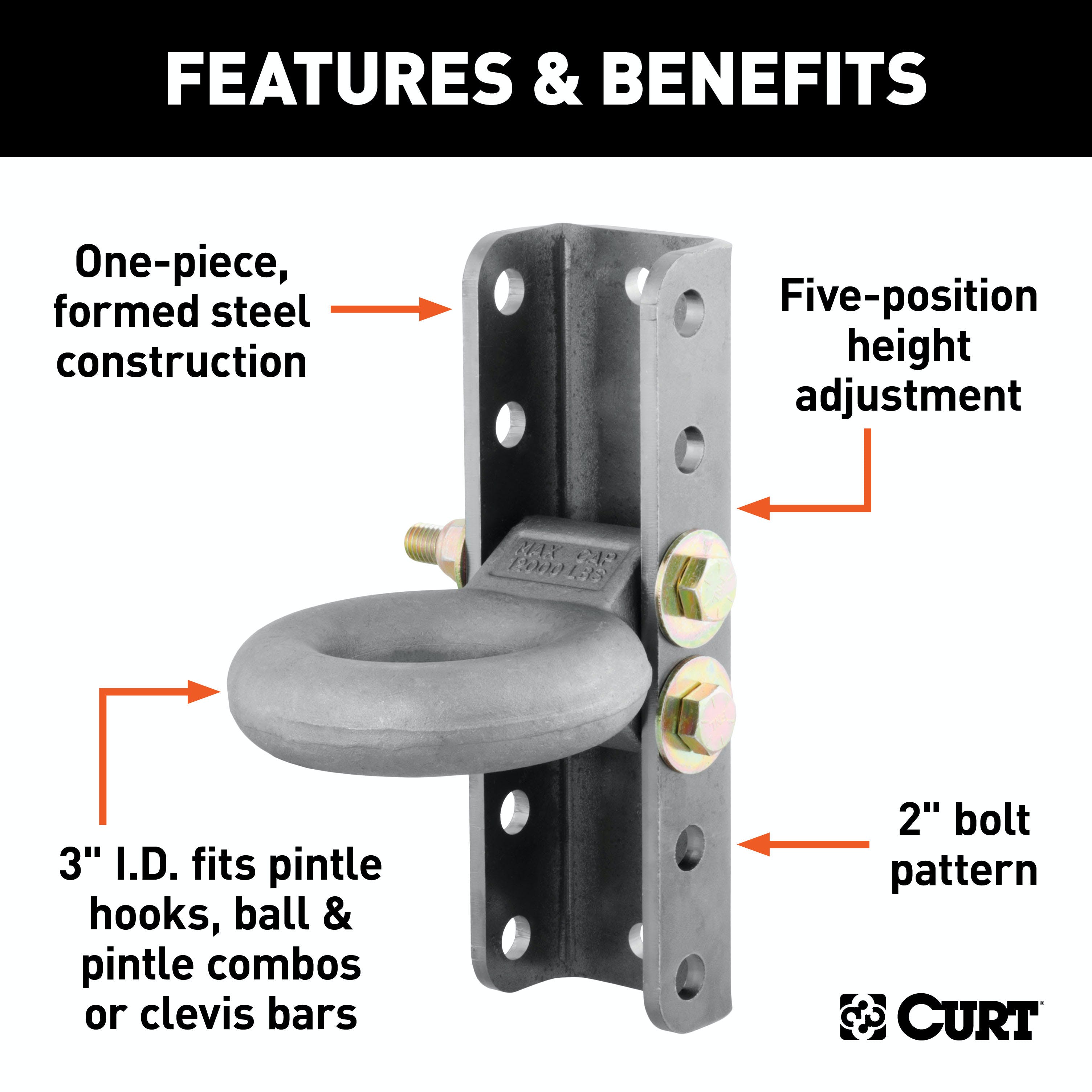 CURT 48640 Adjustable Lunette Ring (12,000 lbs., 3 Eye, 11-3/4 Channel Height)