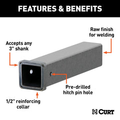 CURT 18" Raw Steel Receiver Tubing - 3" Receiver, 5/8" Pin Hole 49518