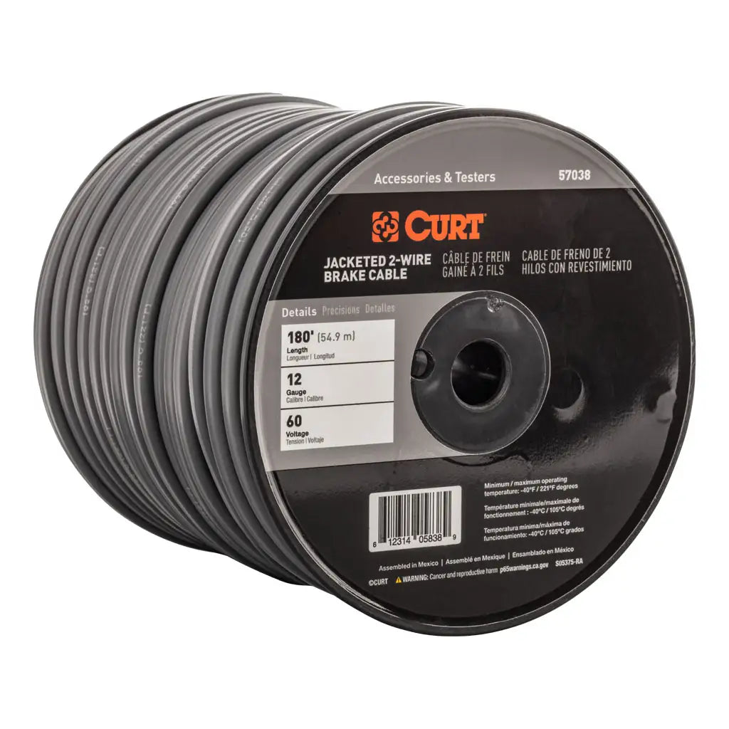 CURT 2-Wire Jacketed Trailer Brake Cable, 180' Spool, 12 Gauge Wire 57038
