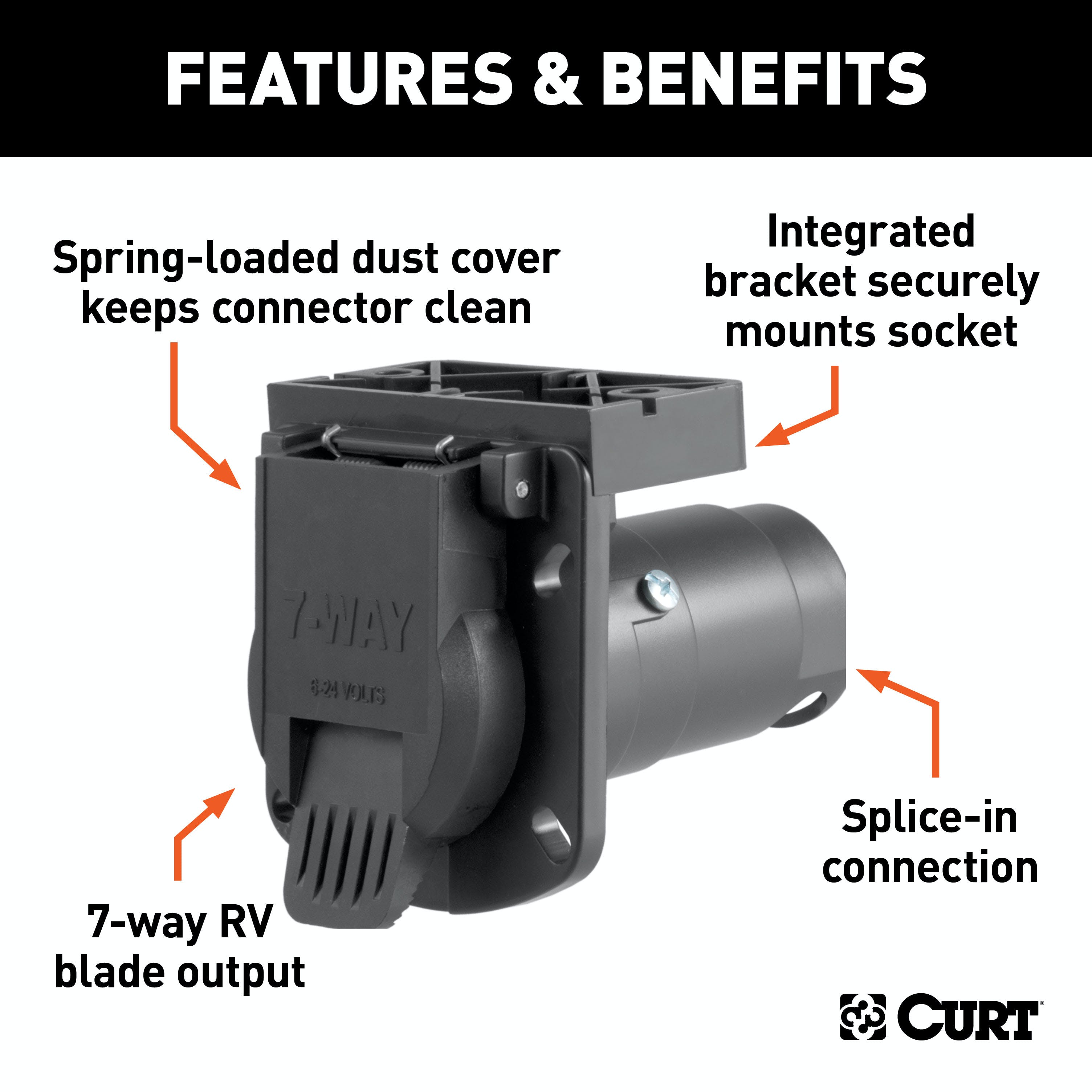 CURT 58417 7-Way RV Blade Connector Socket with Integrated Bracket (Vehicle Side, Packaged)