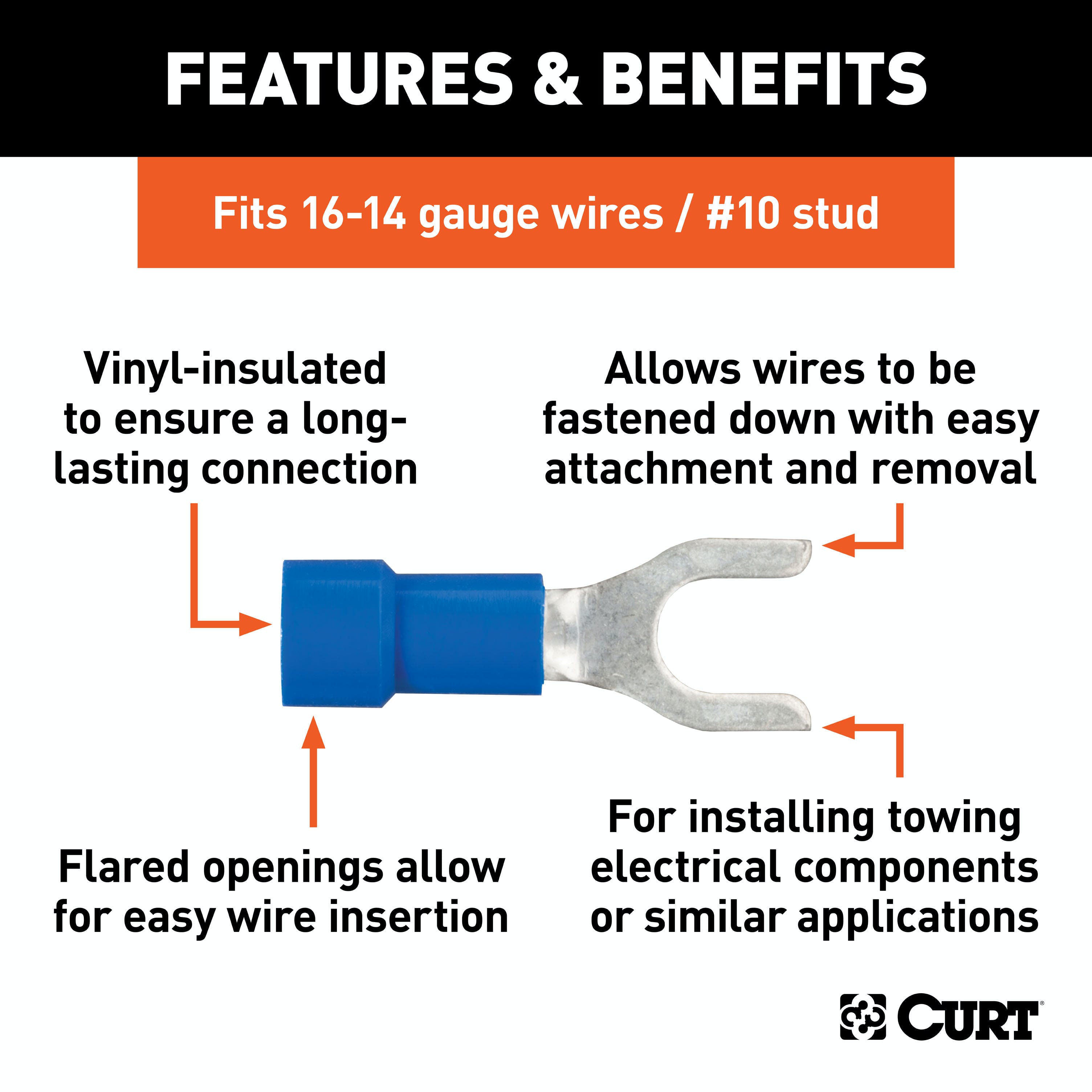 CURT 59621 Spade Terminals (16-14 Wire Gauge, #10 Stud Size, 100-Pack)