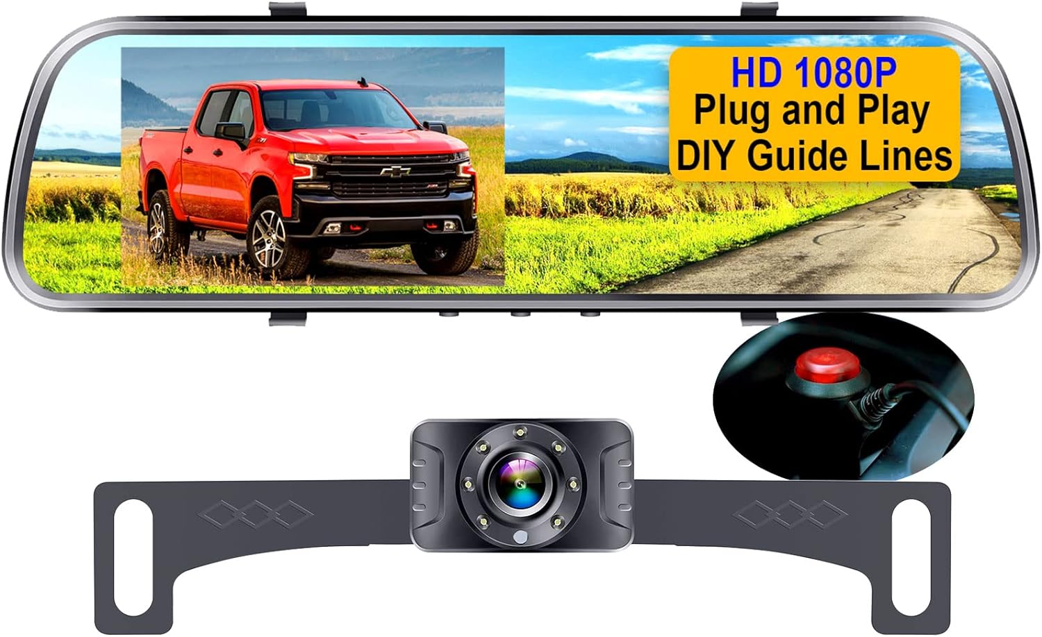 AMTIFO Backup Camera Mirror HD 1080P - Plug and Play Easy Set up Color Night Vision Rear View Mirror with License Plate Camera for Car Truck SUV Waterproof DIY Guide Lines A1