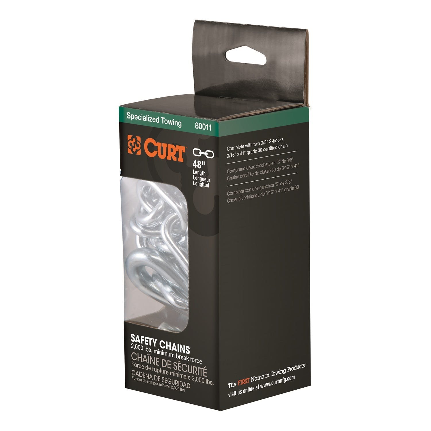 CURT 80020 27 Safety Chain with 1 S-Hook (2,000 lbs, Clear Zinc)