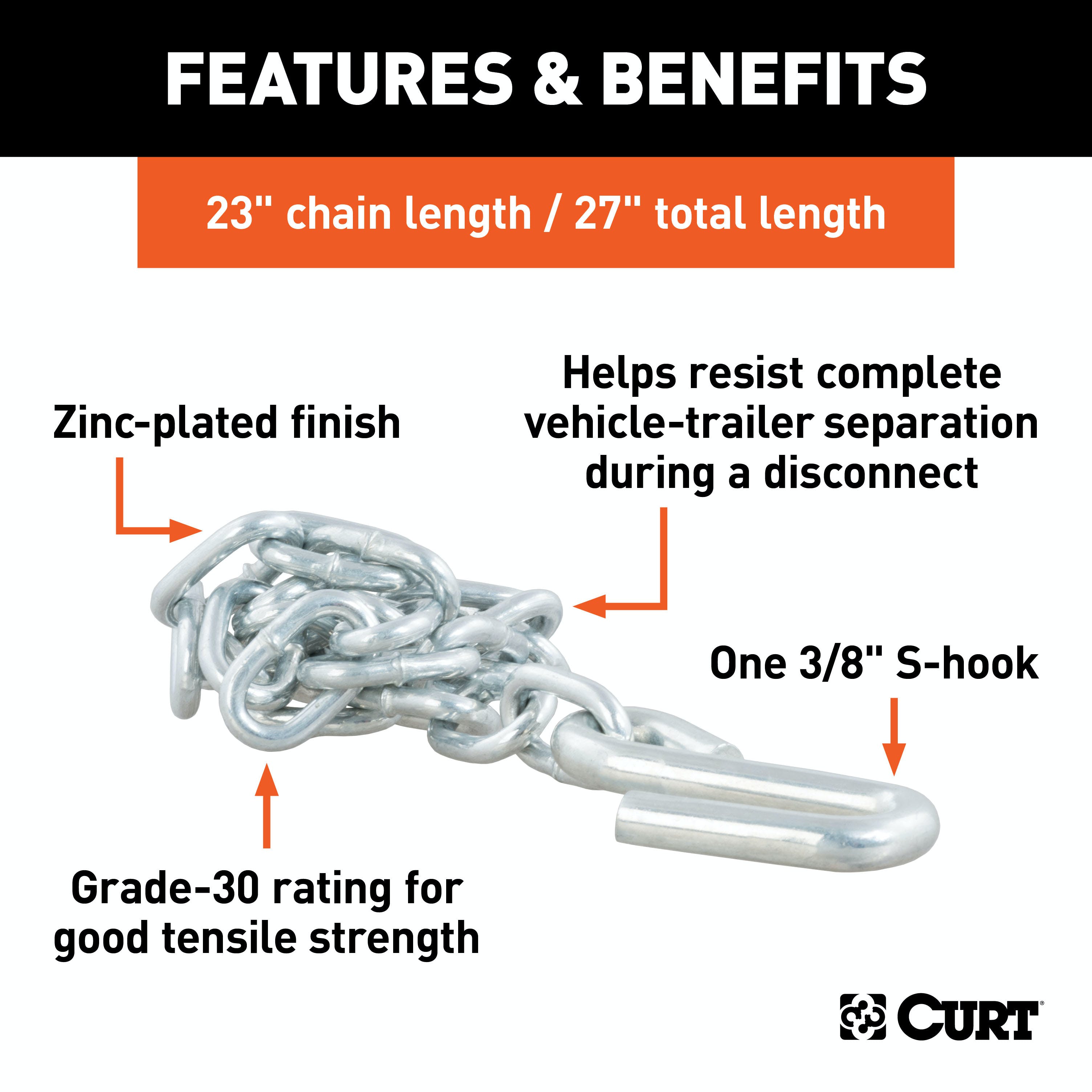 CURT 80020 27 Safety Chain with 1 S-Hook (2,000 lbs, Clear Zinc)