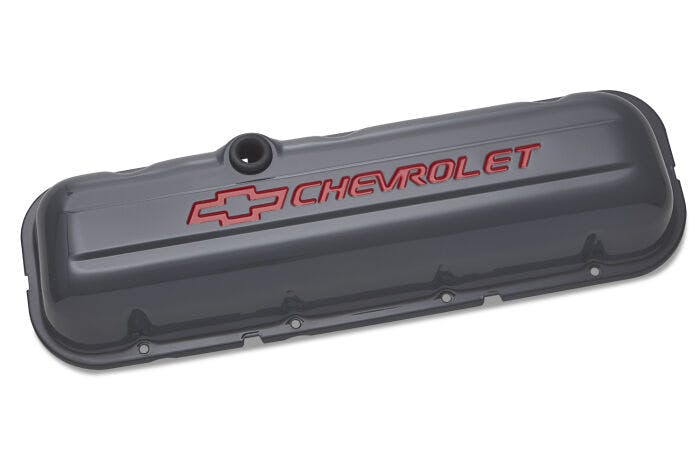 PROFORM 141-888 Engine Valve Covers; Stamped Steel; Tall; Shark Gray; w/ Bowtie Logo; BB Chevy