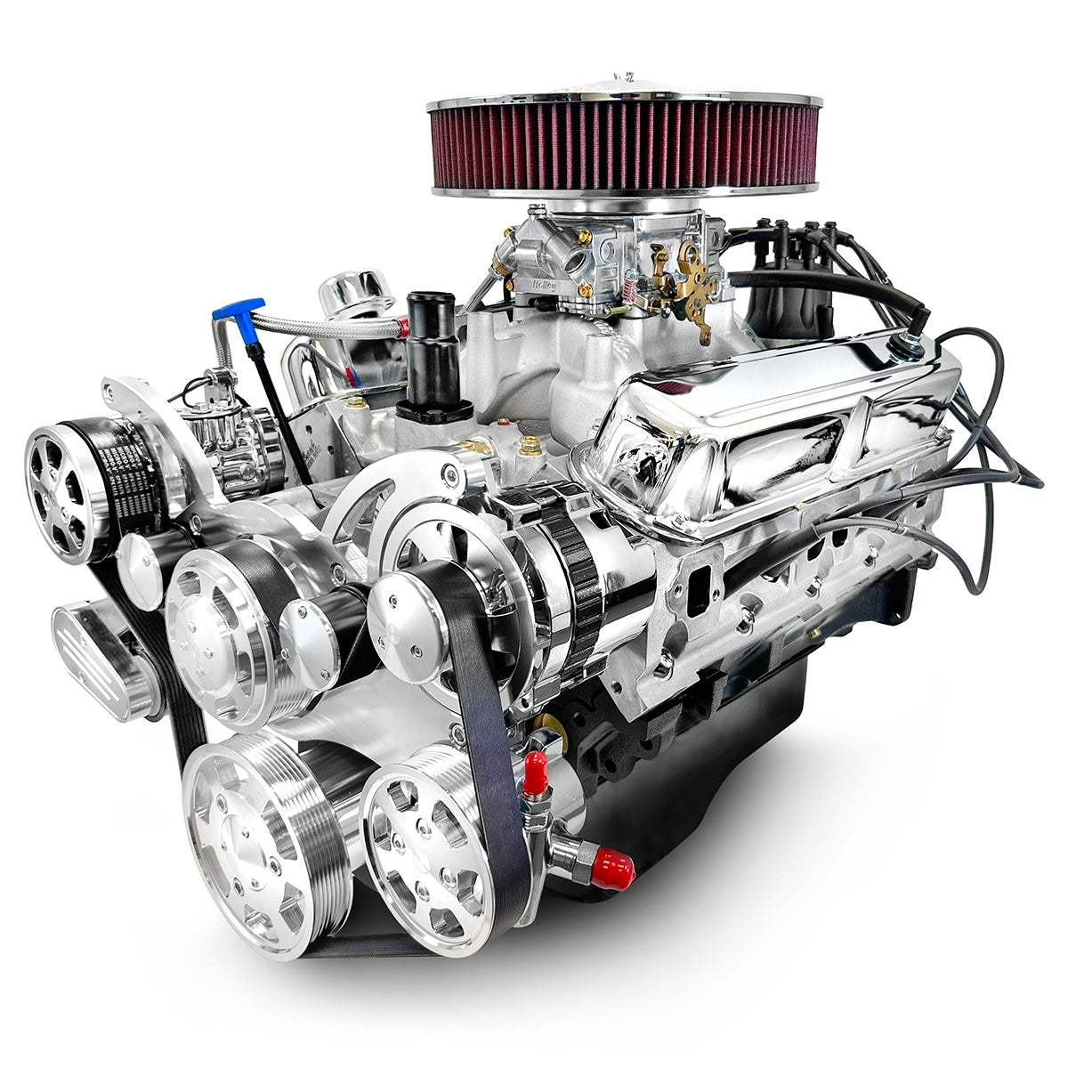 BluePrint Engines 408 ci Small Block Chrysler Engine Deluxe Dressed Carbureted Polished Pulleys BPC4085CTCK