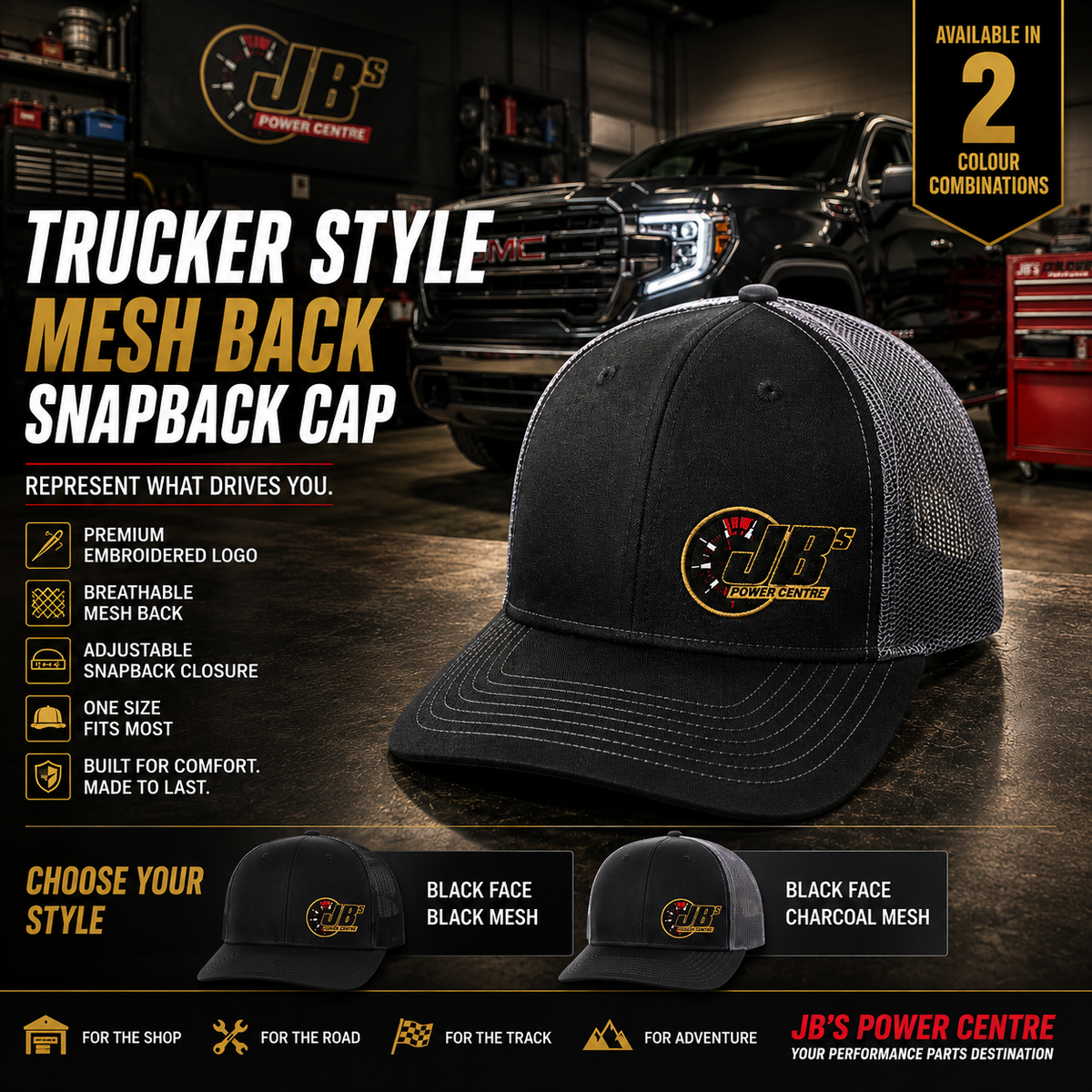 JBs Power Centre Trucker Style Mesh Back Snapback Cap – Embroidered Logo – Blk/Char One Size