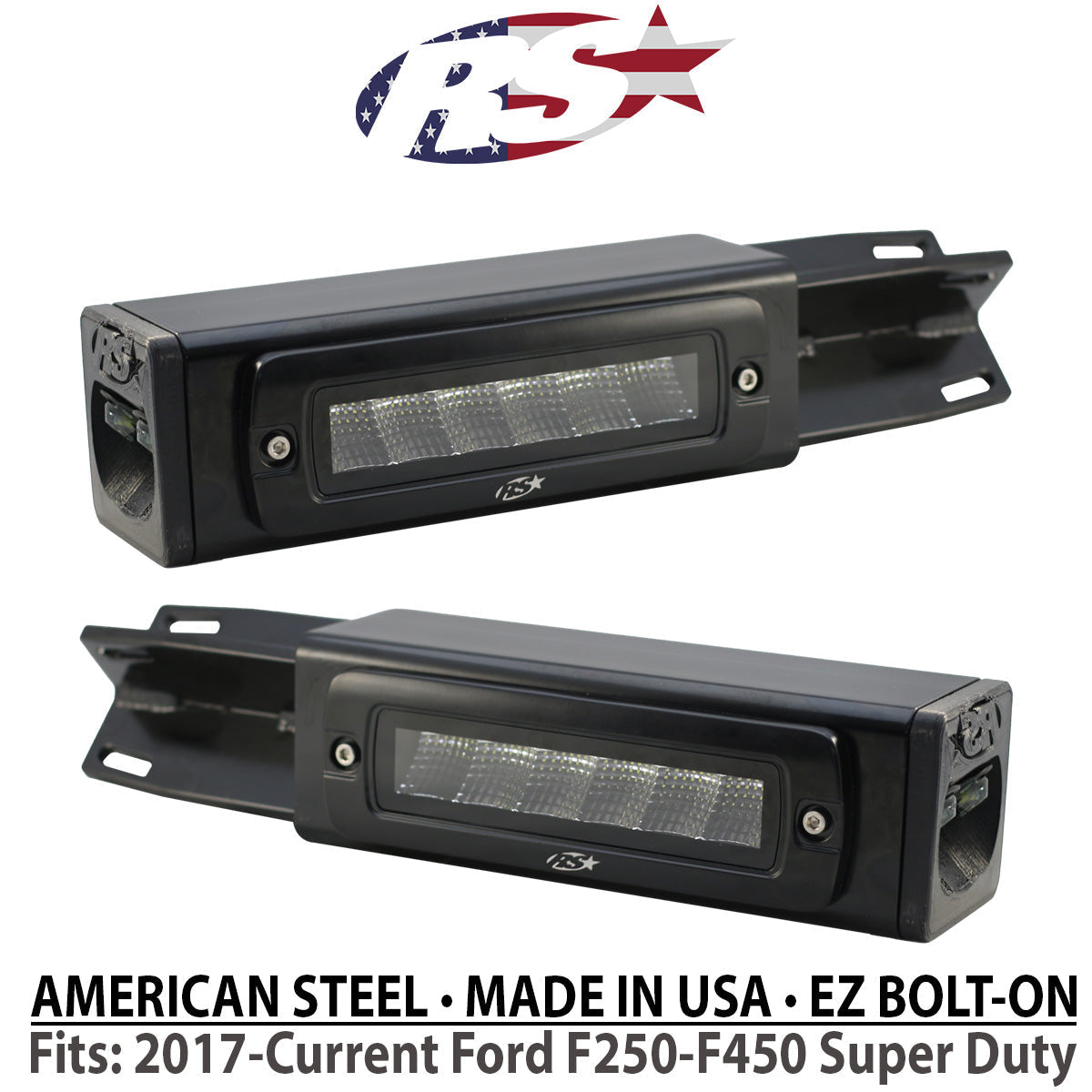 Race Sport Lighting 2017-Current Ford F250-F450 Super Duty Hitch Bar Reverse 7in LED Flood Lighting Heavy Duty Bolt-On Blacked Out Kit with Heated Lens and Single End Light Cap FHDHB17UP