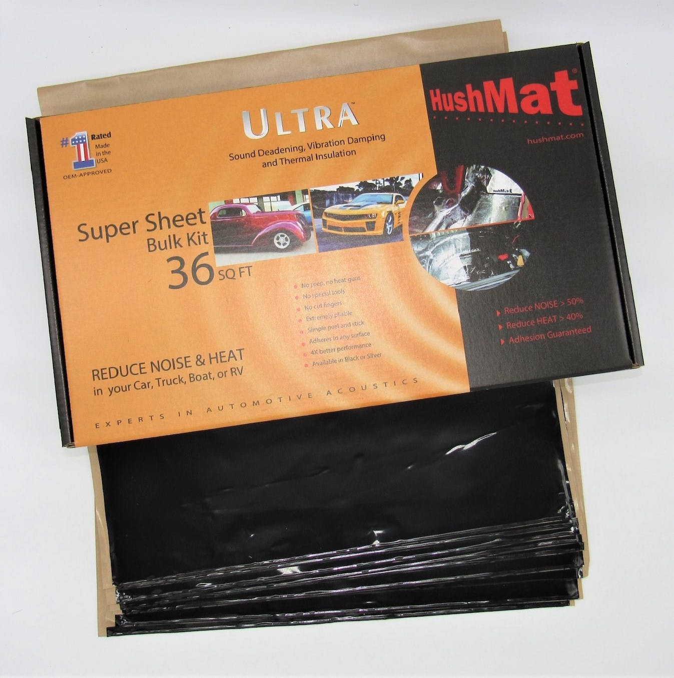 Hushmat 10800 Super Bulk Kit has 9 black sheets of 18x32 in Ultra. Total 36 sqft.