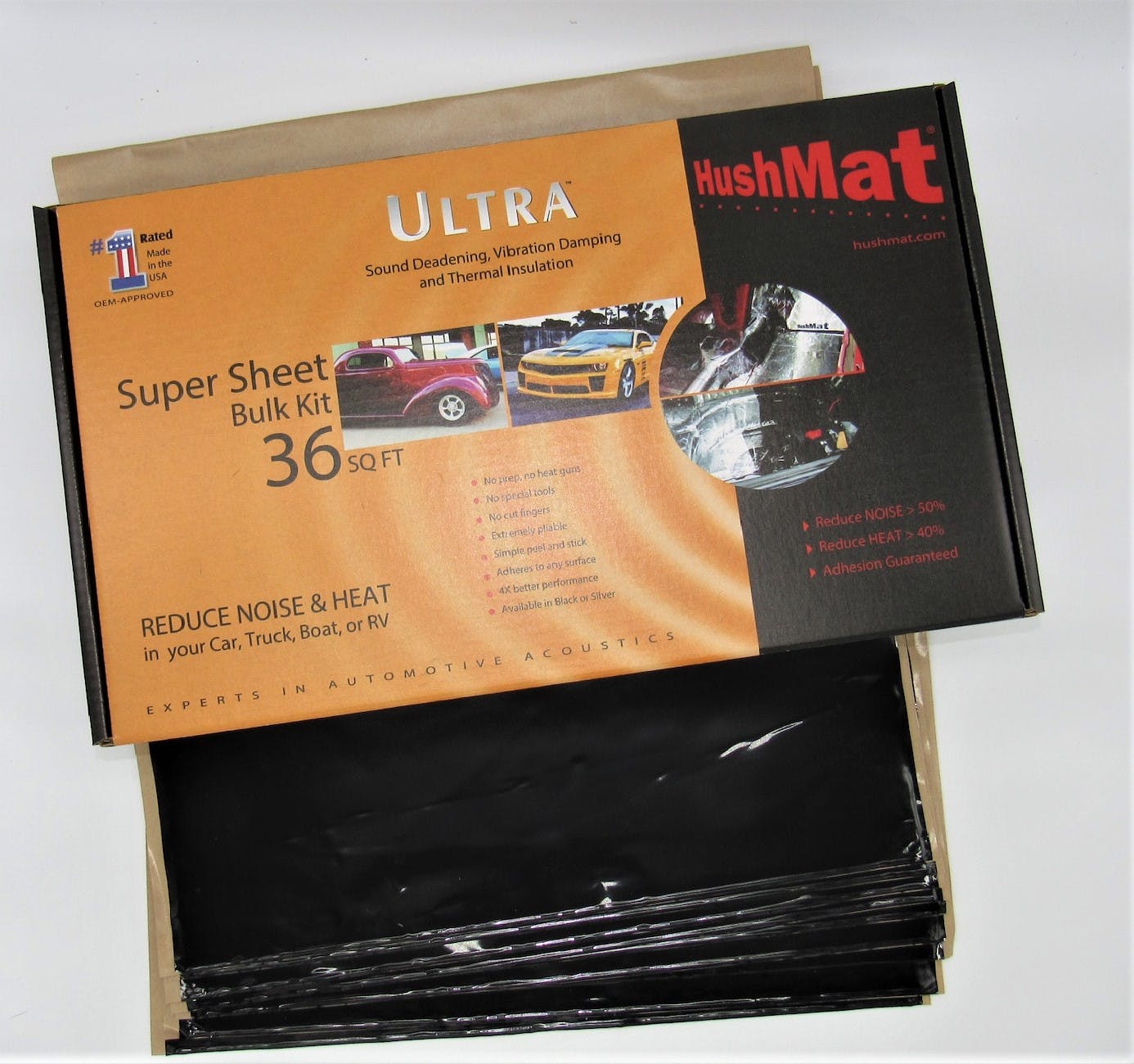 Hushmat 10800 Super Bulk Kit has 9 black sheets of 18x32 in Ultra. Total 36 sqft.