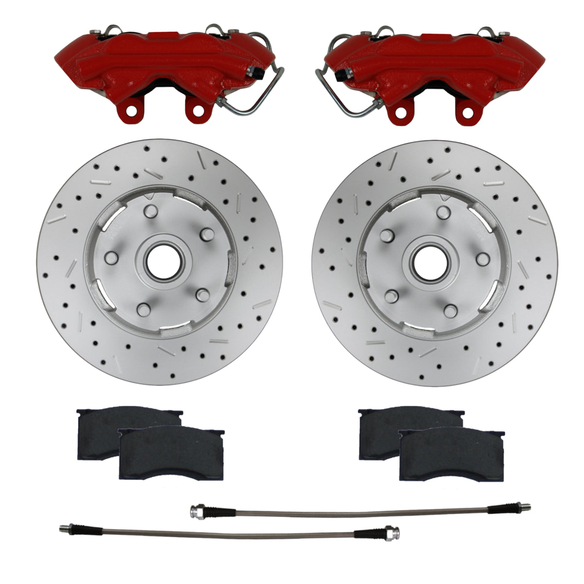 LEED Brakes Front Disc Brake Upgrade Kit with Drilled and Slotted Rotors and Red Powder Coated Calipers RCC0001RKX