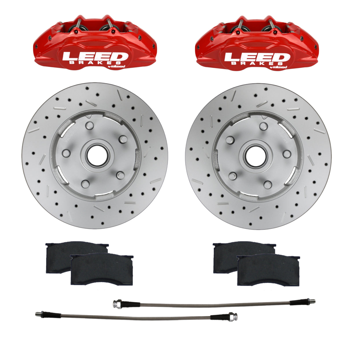 LEED Brakes Front Disc Brake Upgrade Kit with Drilled and Slotted Rotors and Red Powder Coated Calipers RCC0005RKX