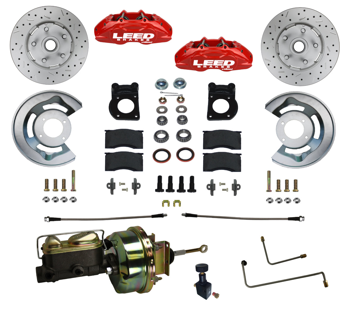 LEED Brakes Power Front Disc Brake Conversion Kit with Drilled and Slotted Rotors and Red Powder Coated Calipers RFC0005-H405AX