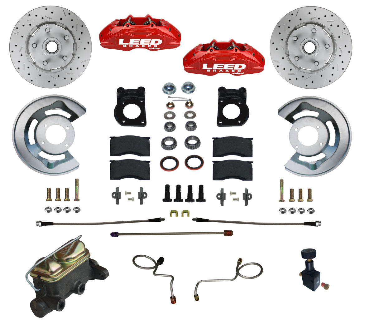 LEED Brakes Manual Front Disc Brake Conversion Kit with Drilled and Slotted Rotors and Red Powder Coated Calipers RFC0008-405X