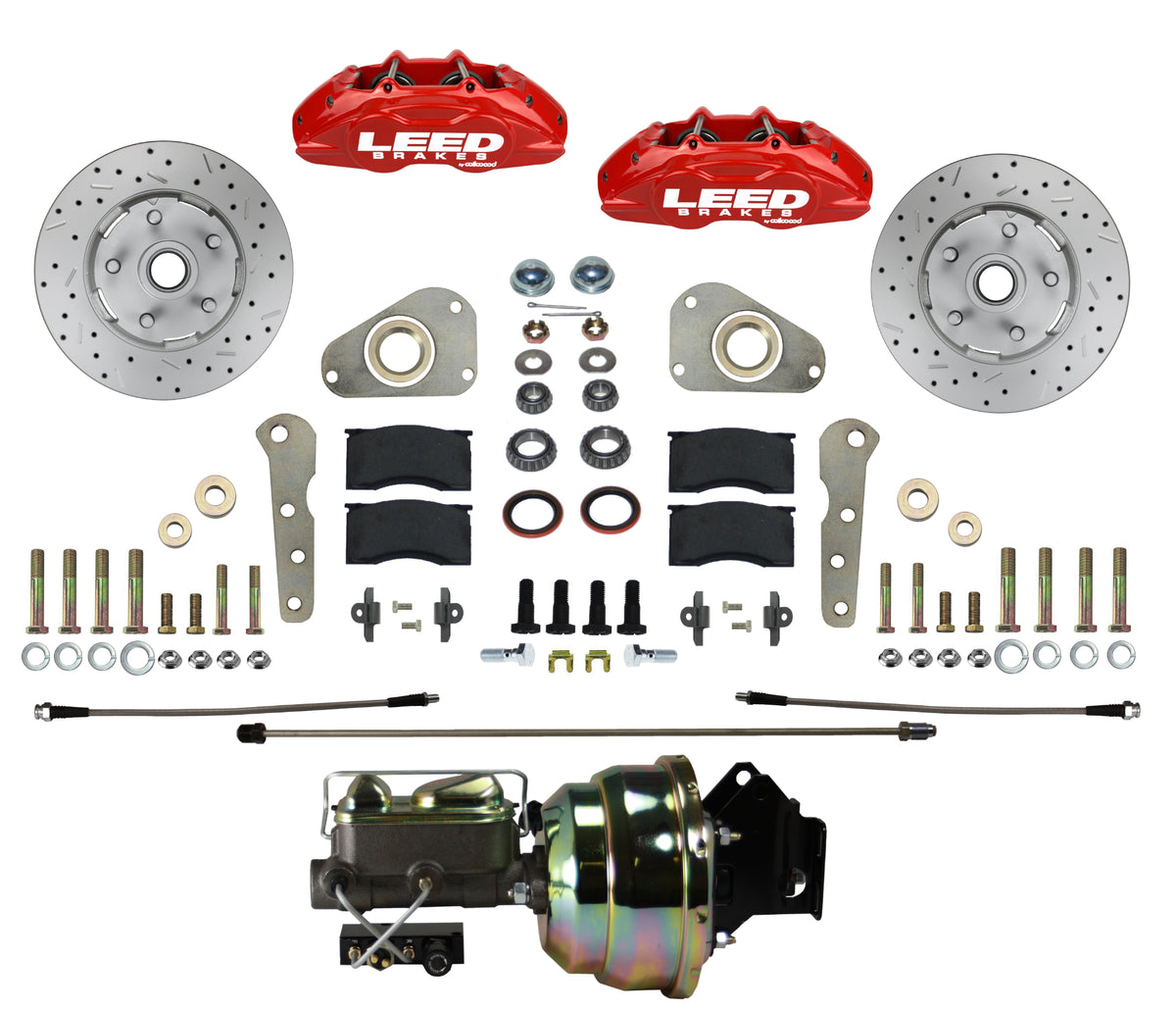 LEED Brakes Power Front Disc Brake Conversion Kit with Drilled and Slotted Rotors and Red Powder Coated Calipers RFC0026-8307X