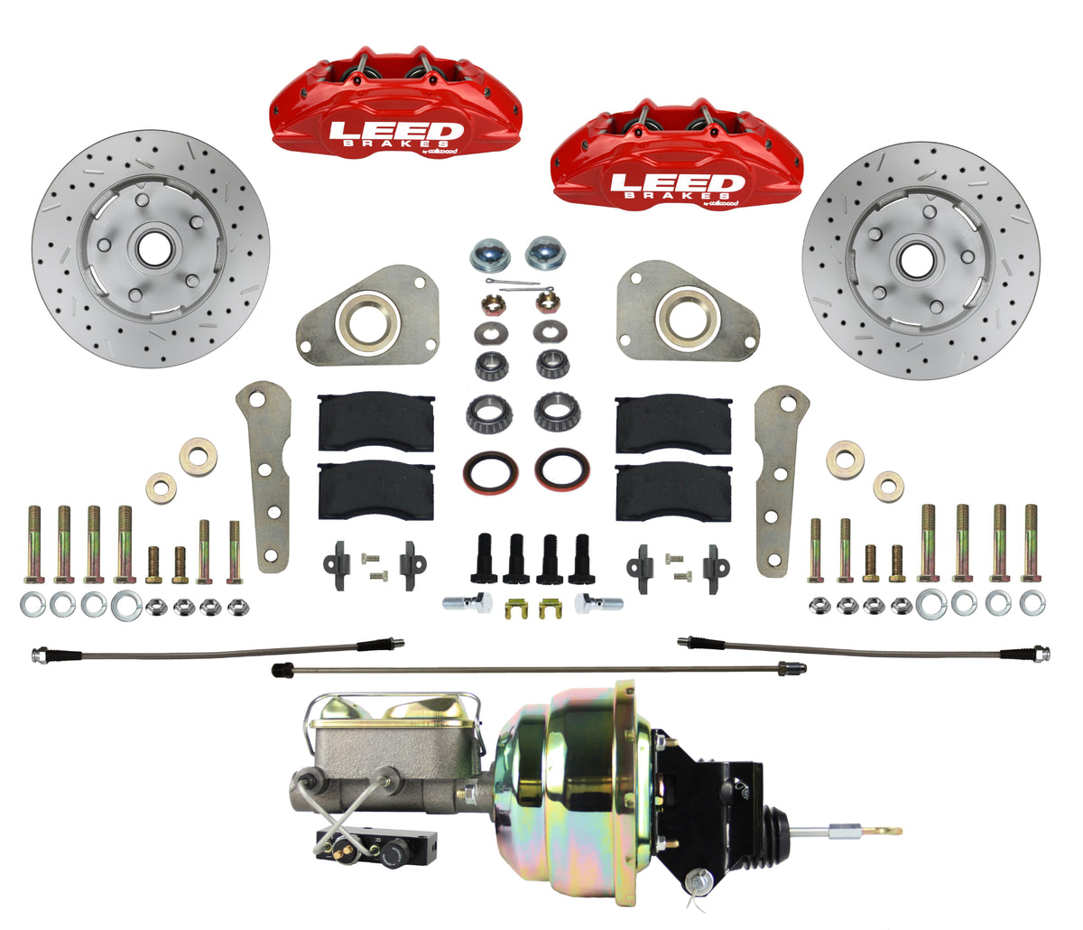 LEED Brakes Power Front Disc Brake Conversion Kit with Drilled and Slotted Rotors and Red Powder Coated Calipers RFC0026-P307X