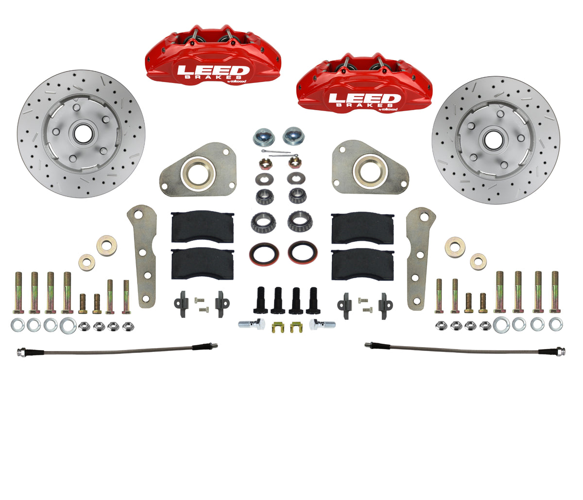 LEED Brakes Front Disc Brake Conversion Kit with Spindles, Drilled and Slotted Rotors and Red Powder Coated Calipers RFC0026SMX