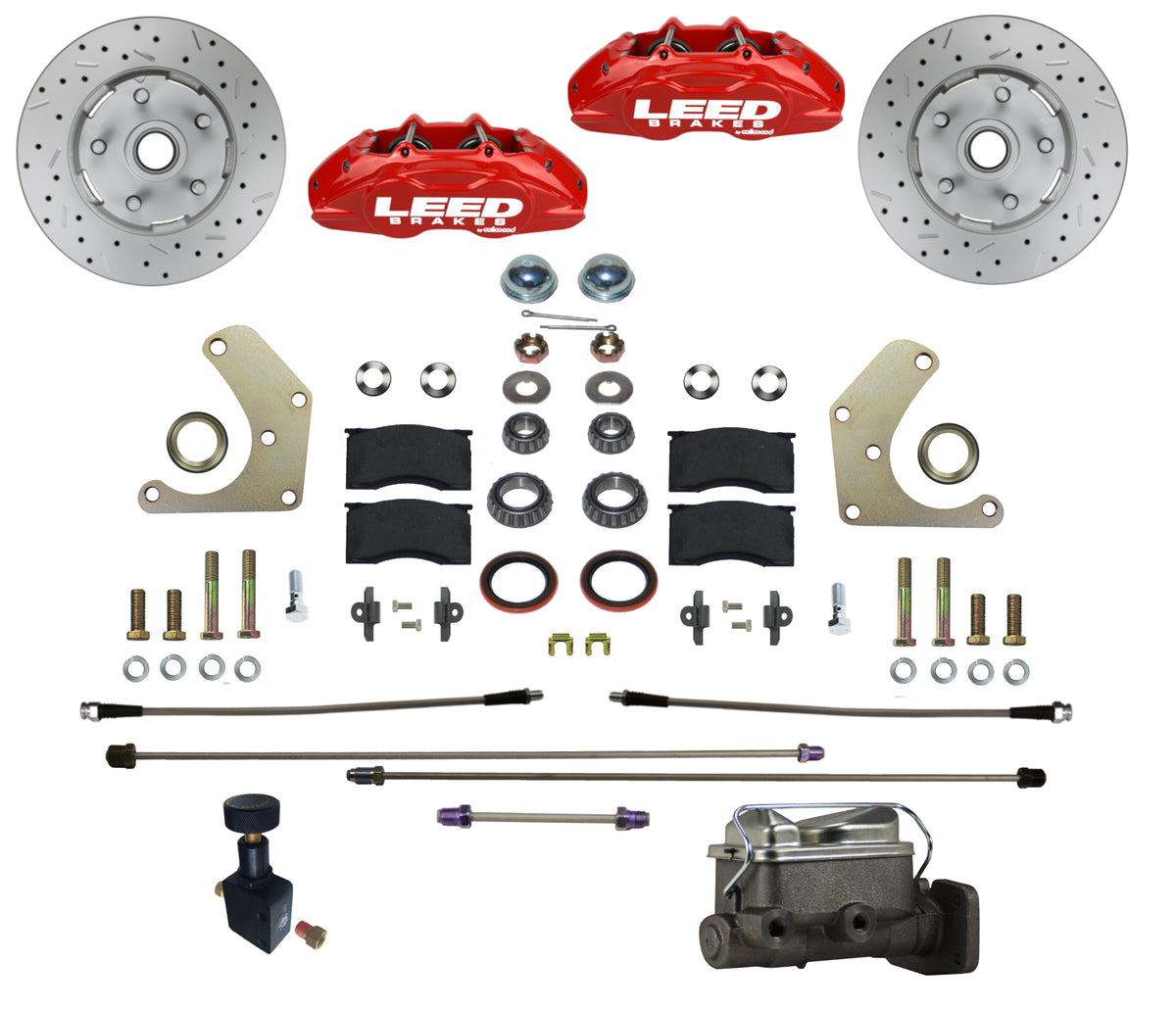 LEED Brakes Power Front Disc Brake Conversion Kit with Drilled and Slotted Rotors and Red Powder Coated Calipers RFC2004-C05PX