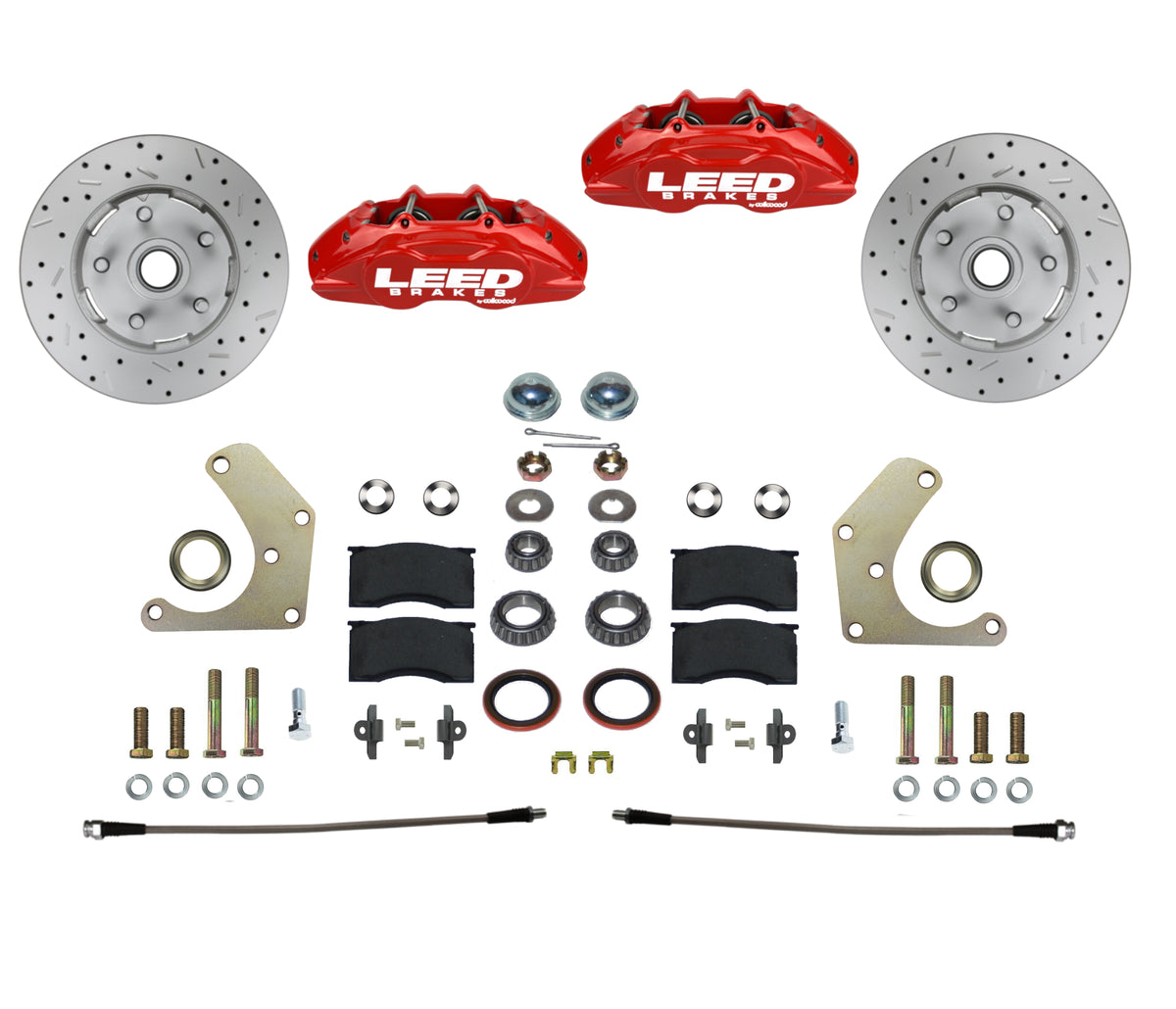 LEED Brakes Front Disc Brake Conversion Kit with Spindles, Drilled and Slotted Rotors and Red Powder Coated Calipers RFC2004SMX