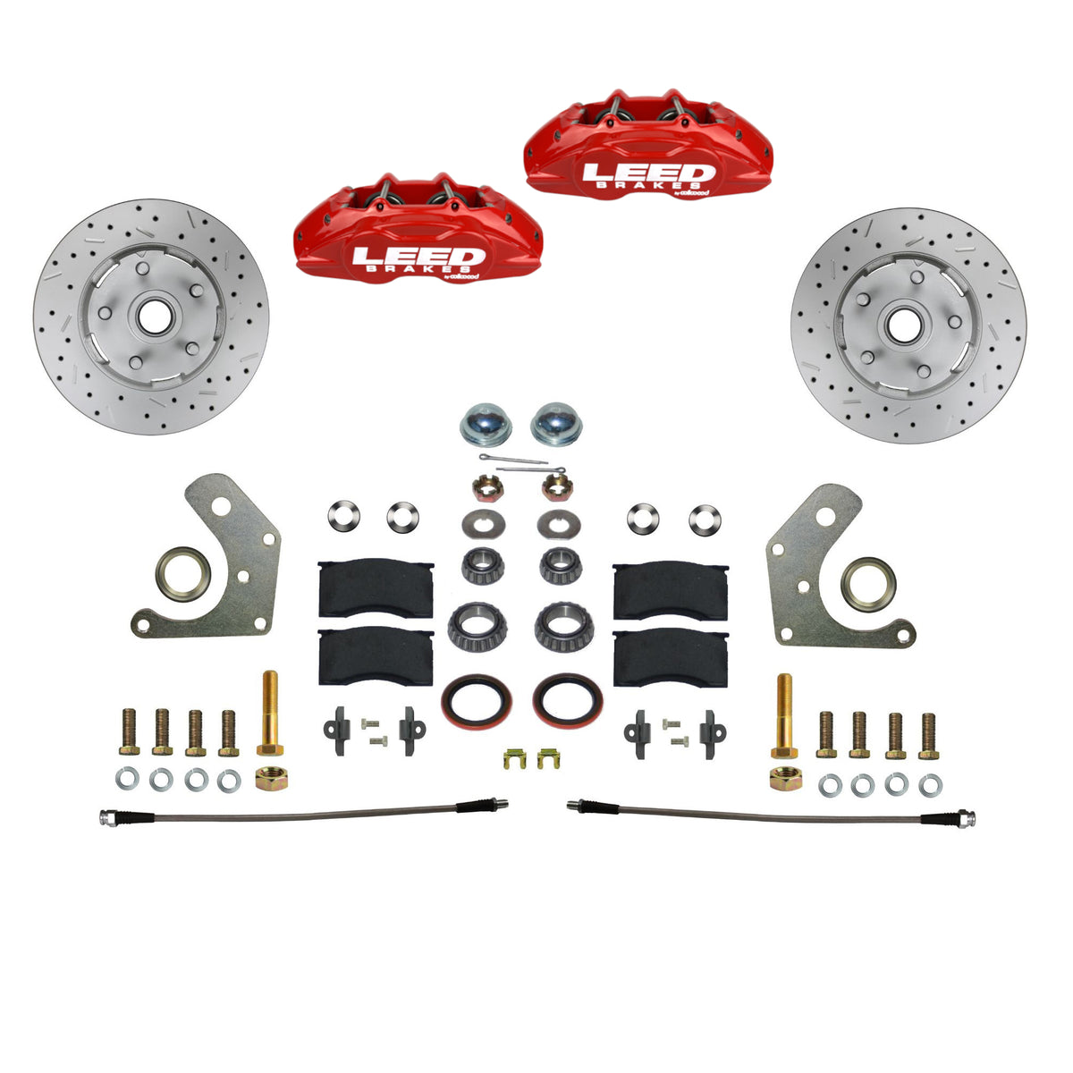 LEED Brakes Front Disc Brake Conversion Kit with Spindles, Drilled and Slotted Rotors and Red Powder Coated Calipers RFC2006SMX