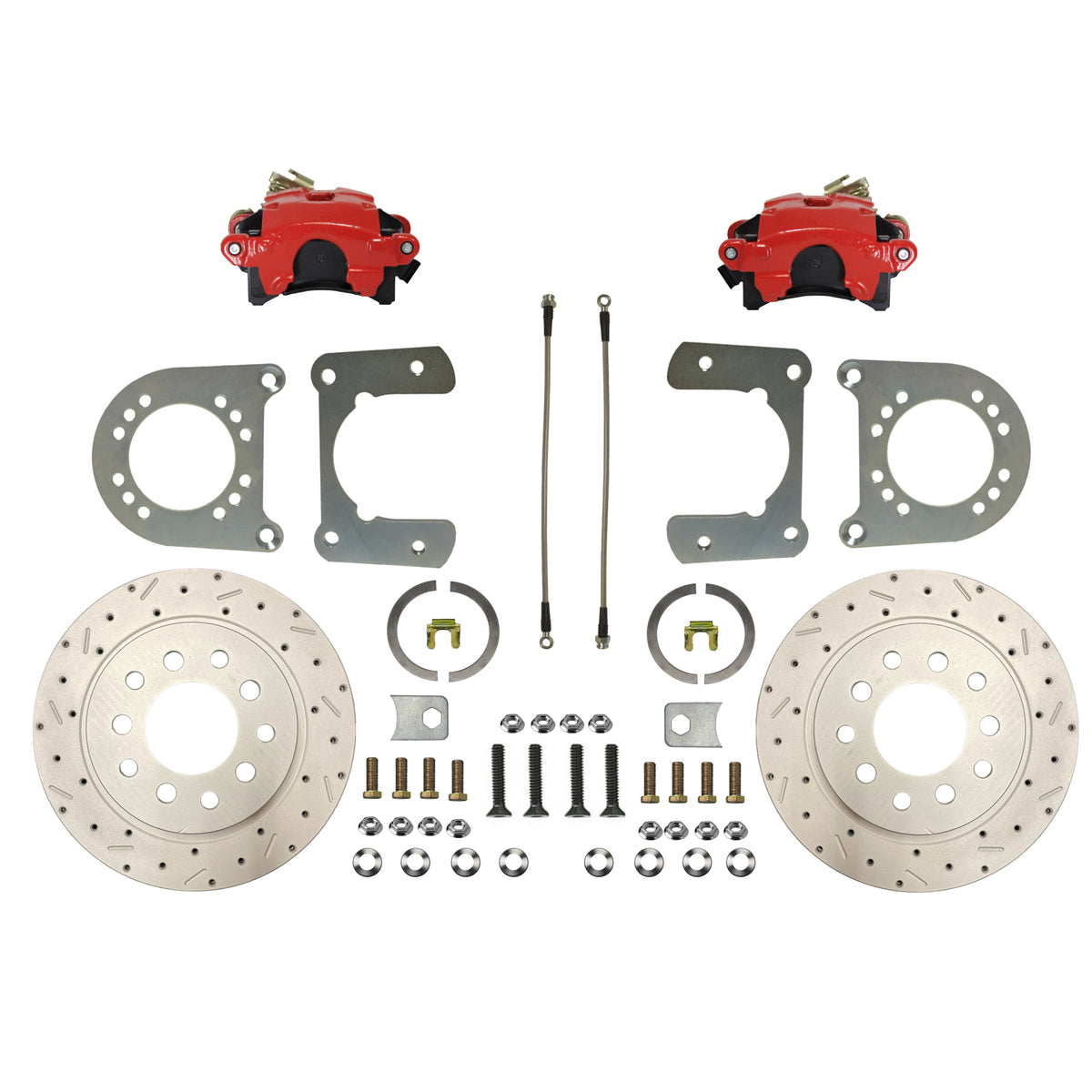 LEED Brakes Rear Disc Brake Conversion Kit with Drilled and Slotted Rotors and Red Powder Coated Calipers RRC0017X