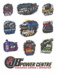 JBs Power Centre Full Throttle Automotive Humor Vinyl Decal Sheet – 10 Pack