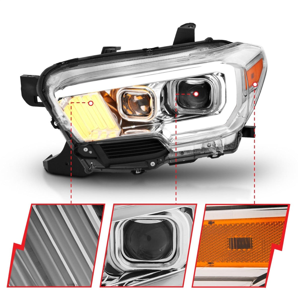 AnzoUSA 111380 Projector Headlights with Plank Style Design Chrome/Amber with DRL