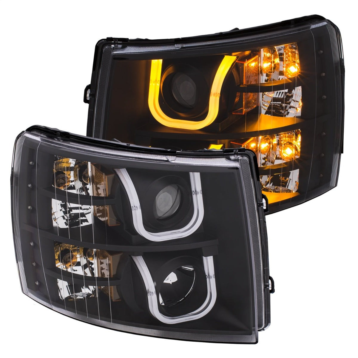 AnzoUSA 111384 Projector Headlights with U-Bar Switchback Black with Amber